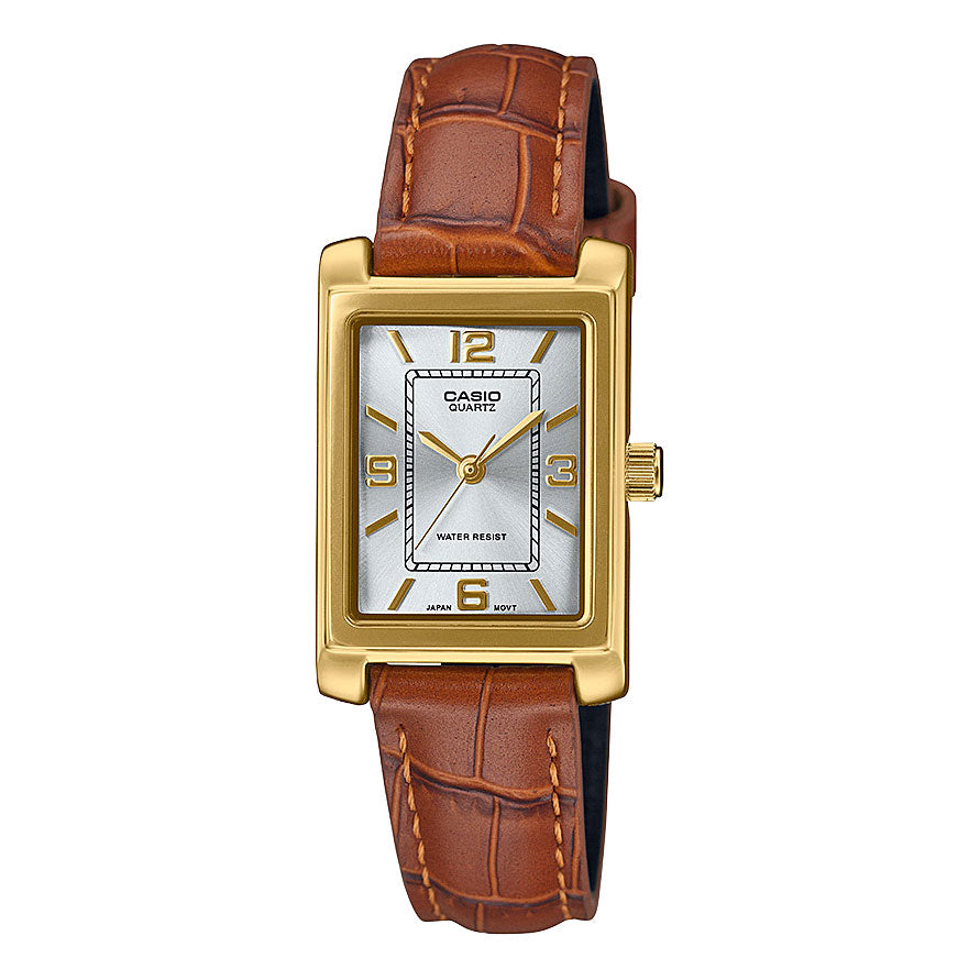 Casio Analogue Gold-Tone & Brown Leather Slim Watch LTP1234G