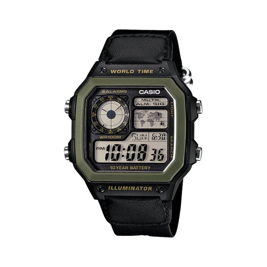 Casio World Time Digital Khaki & Black Nylon Watch AE1200WHB