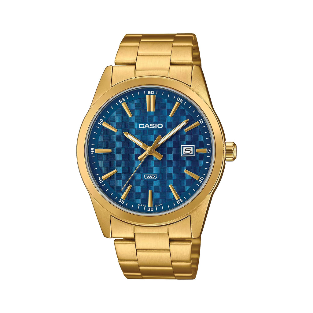 Casio Gold Tone Stainless Steel Blue Dial Analogue Watch MTP