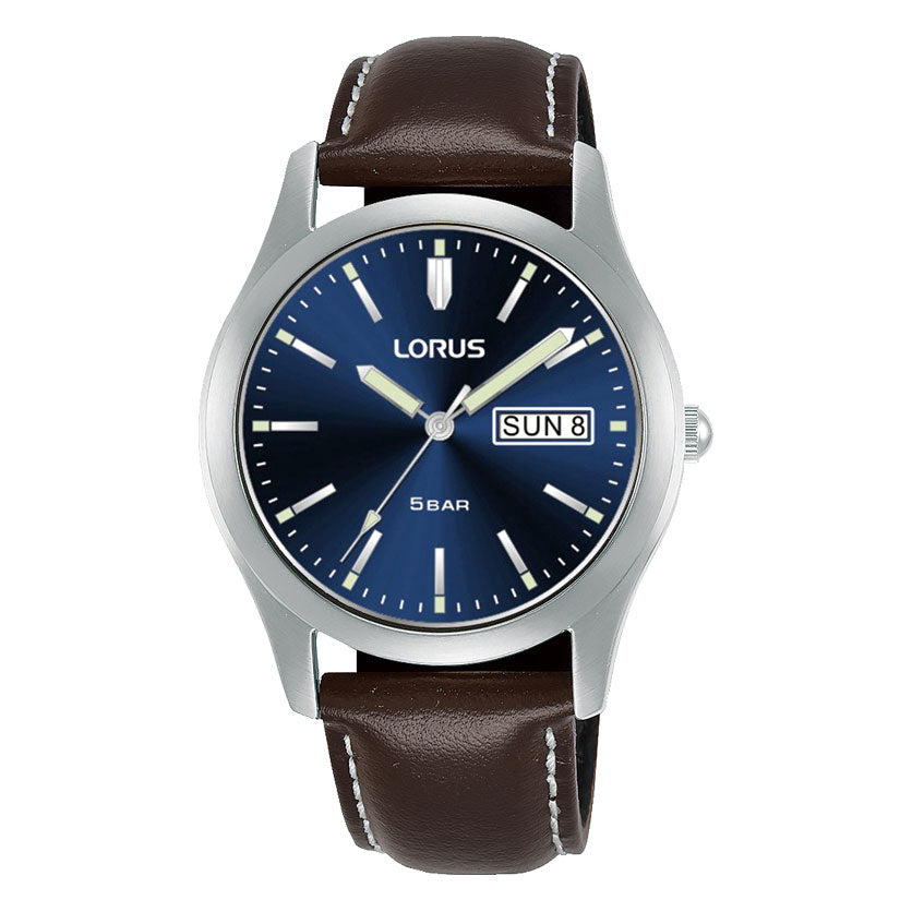 Lorus Deep Blue Sunray Dial Brown Leather Band Watch RXN81DX