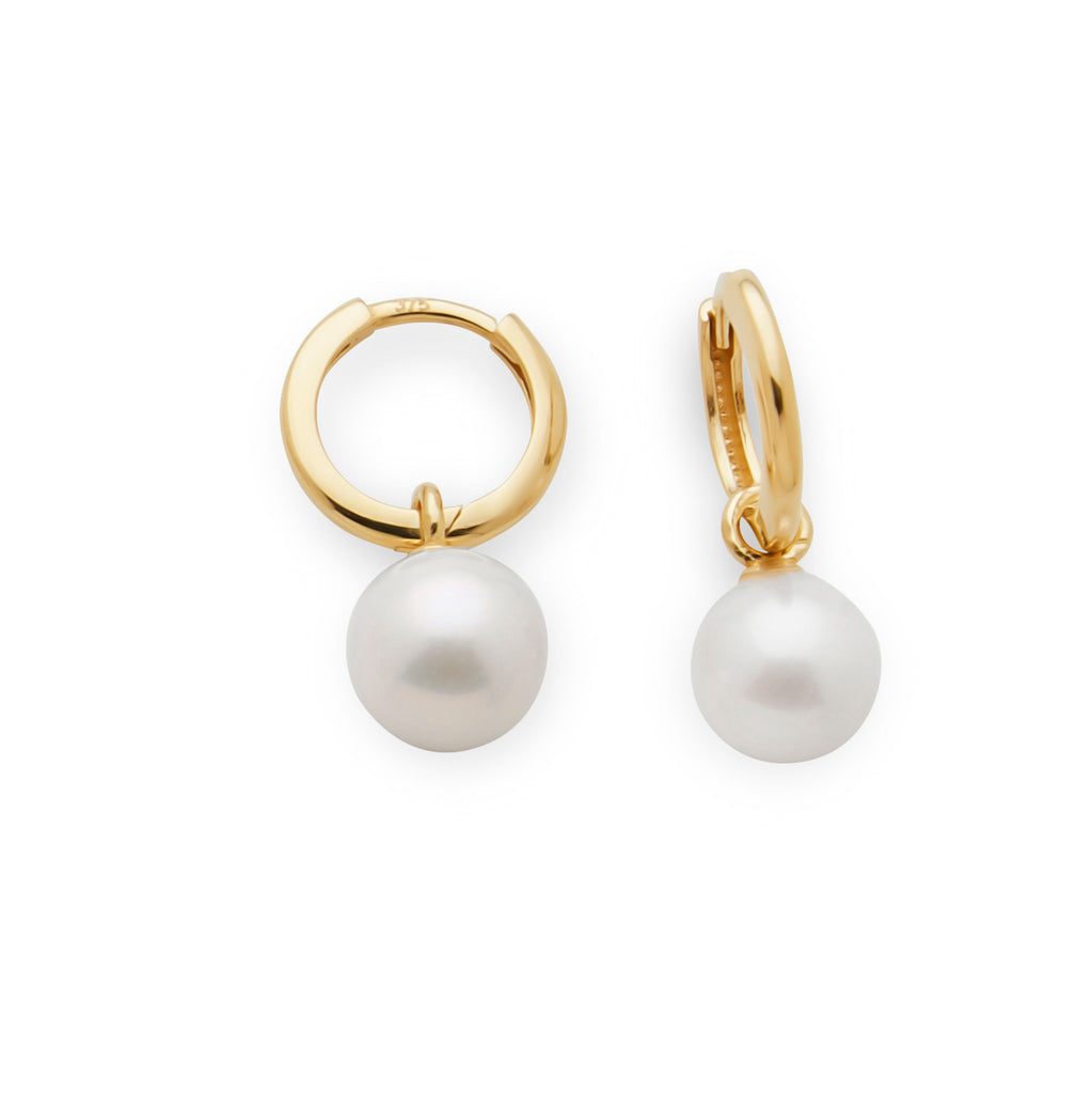 9ct Yellow Gold Hanging Pearl 8mm Huggie Earrings