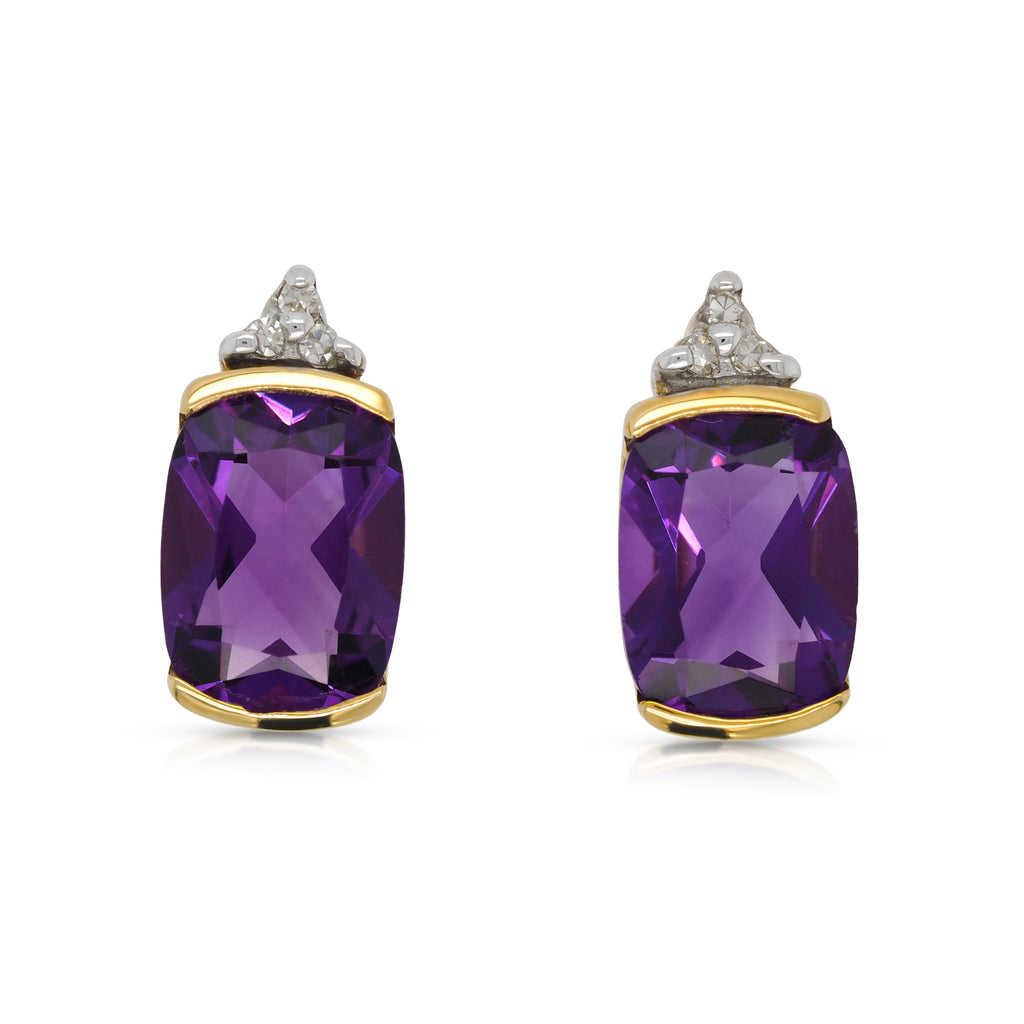 9ct Yellow Gold Cushion Cut Amethyst & Diamond Stud Earrings