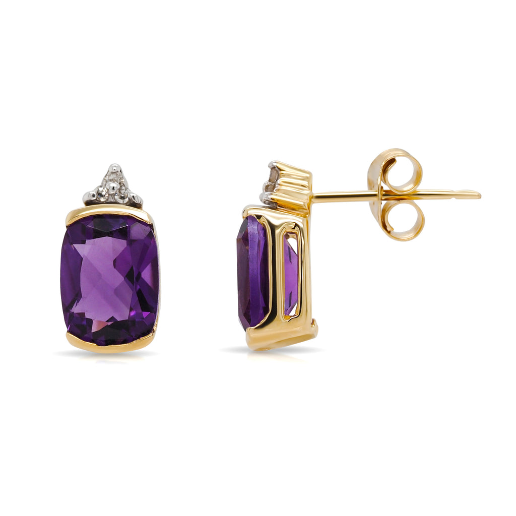 9ct Yellow Gold Cushion Cut Amethyst & Diamond Stud Earrings