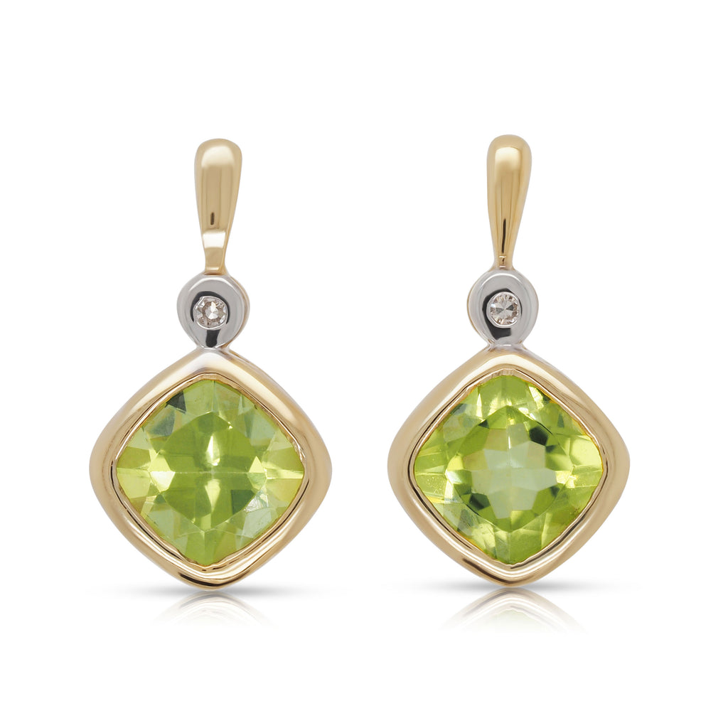 9ct Yellow Gold 5mm Cushion Cut Peridot & Diamond Stud Earri