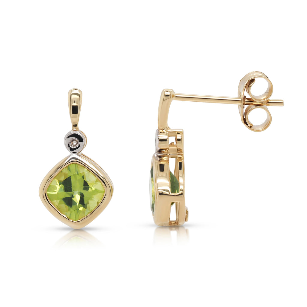 9ct Yellow Gold 5mm Cushion Cut Peridot & Diamond Stud Earri