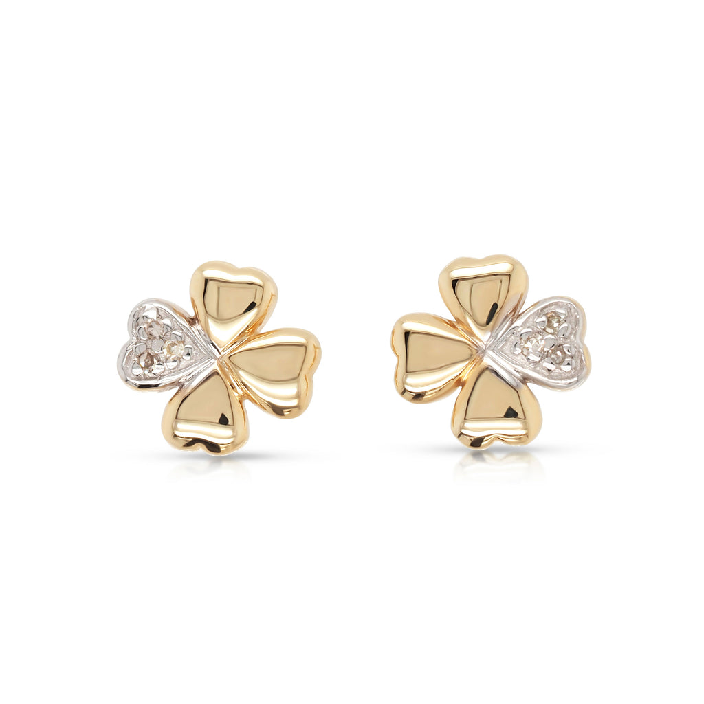 9ct Yellow Gold Diamond Heart Shaped Four Leaf Clover Stud E