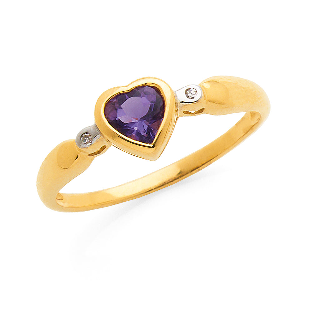 9ct Yellow Gold Heart Amethyst & Diamond Ring