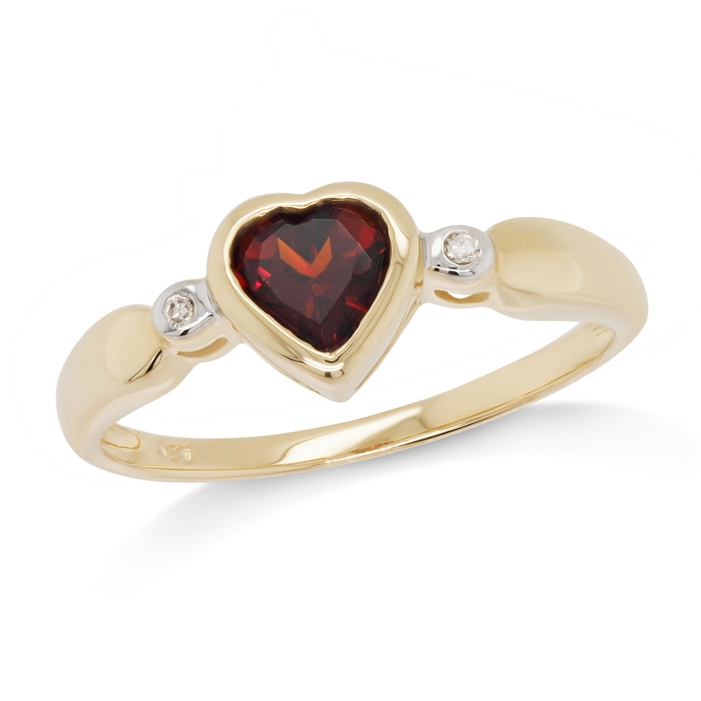 9ct Yellow Gold Heart Shaped Garnet & Diamond Ring