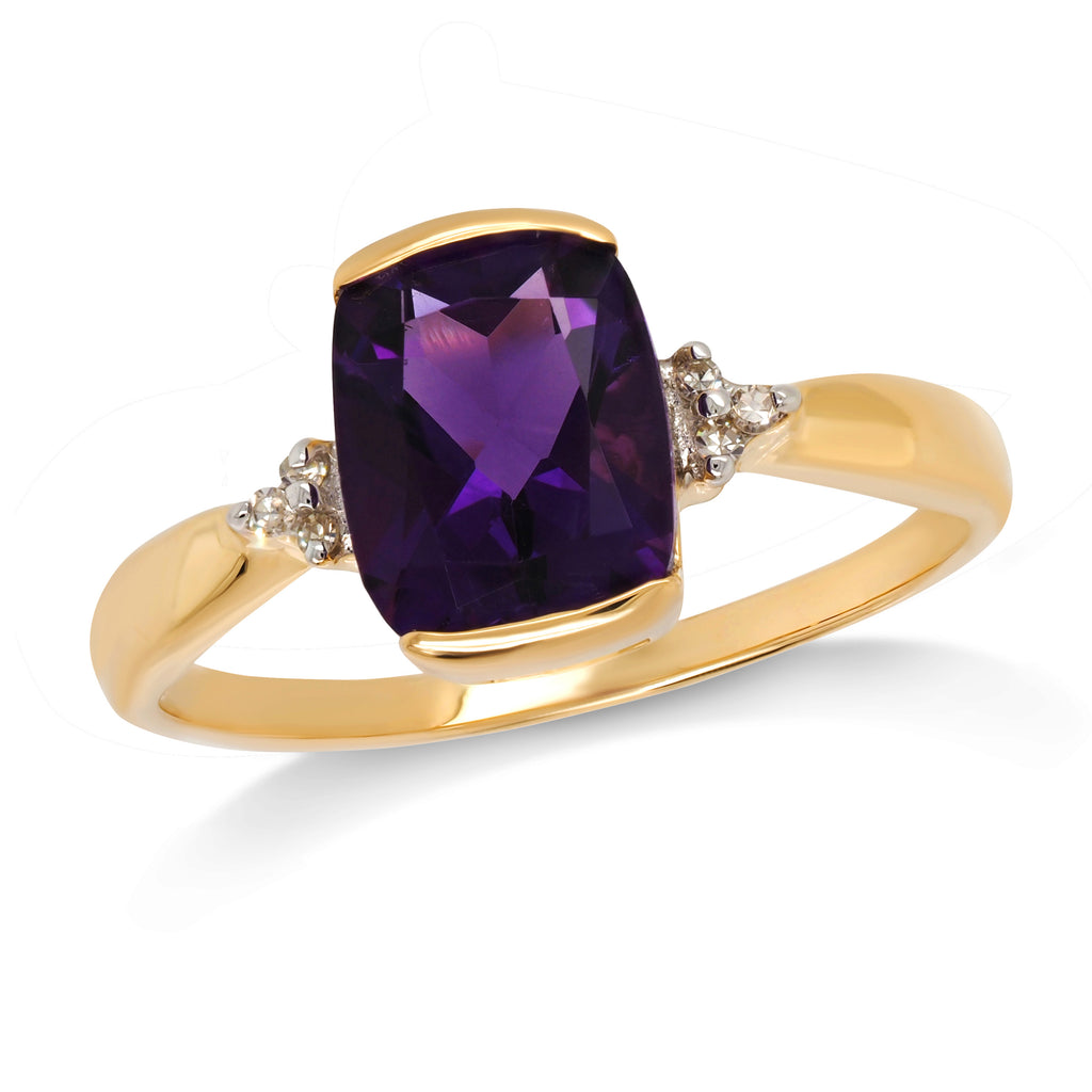 9ct Yellow Gold Cushion Cut Amethyst & Diamond Ring