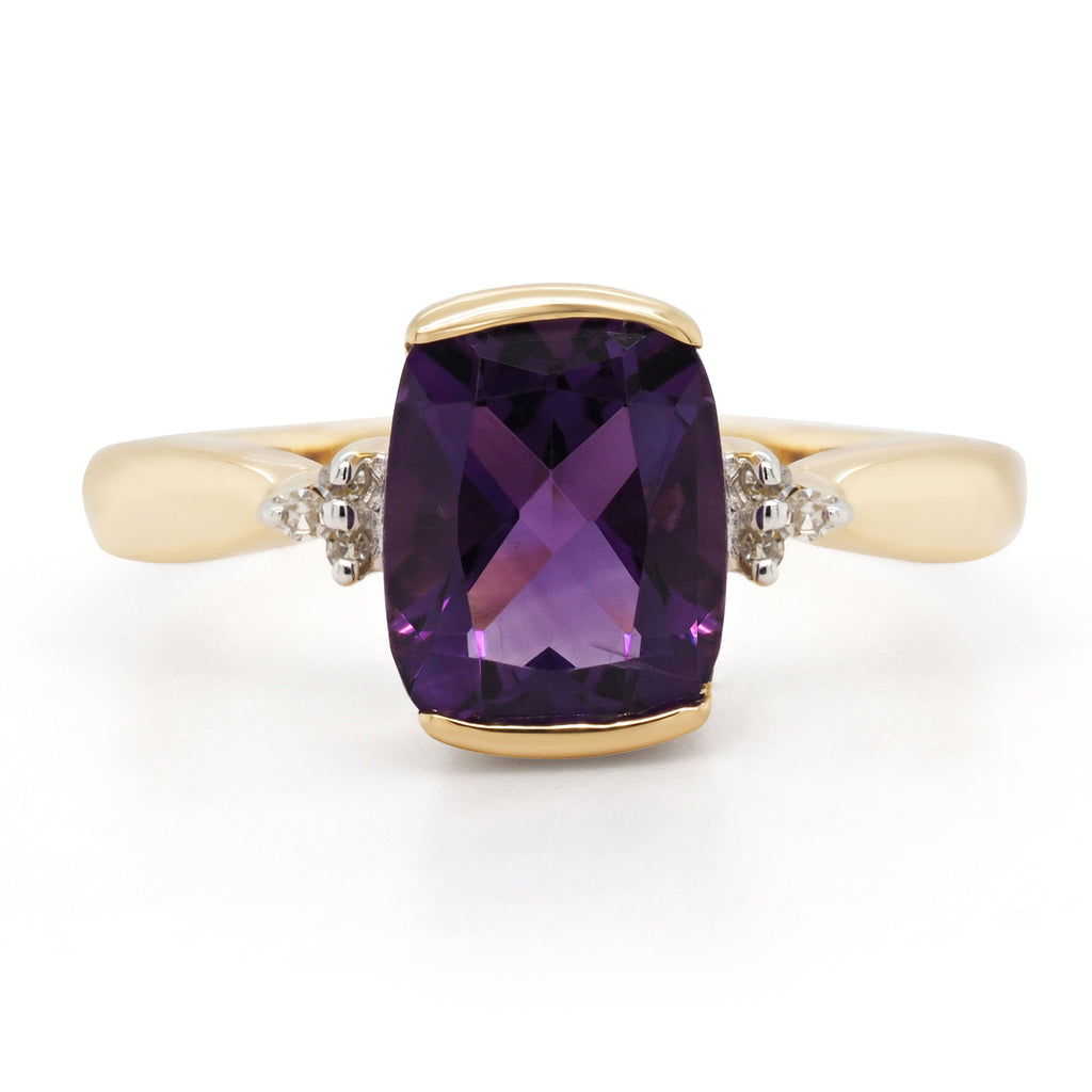 9ct Yellow Gold Cushion Cut Amethyst & Diamond Ring