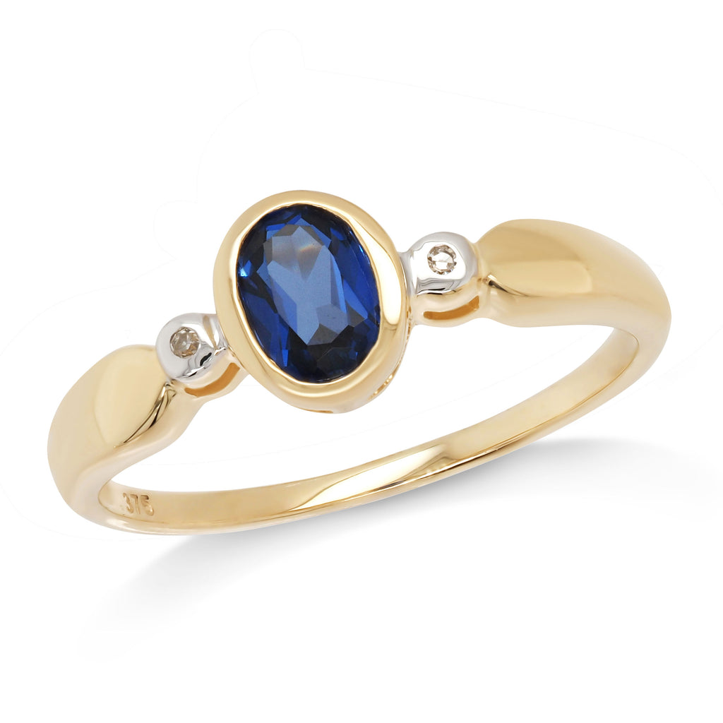 9ct Yellow Gold Oval Created Ceylon Sapphire & Diamond Ring