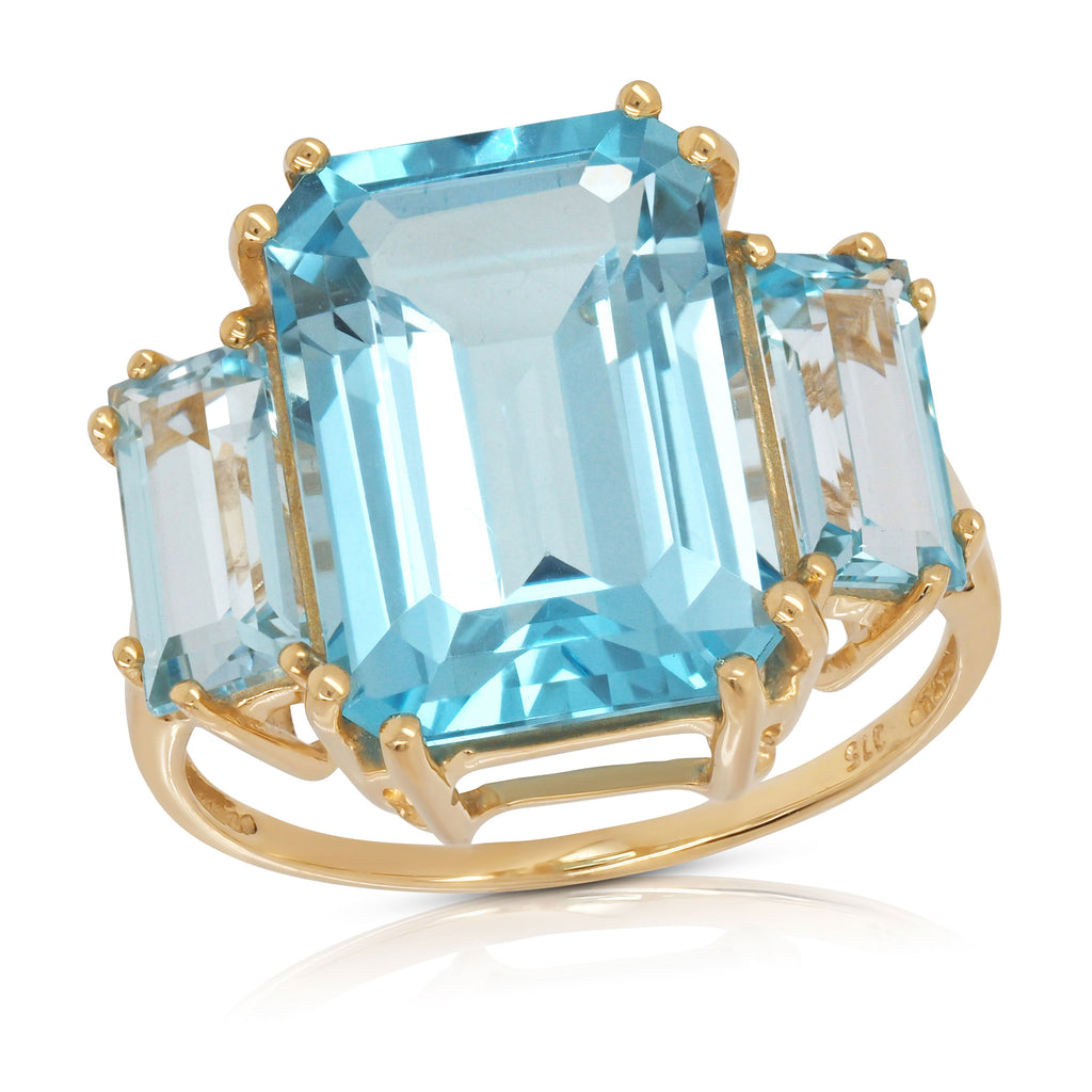 9ct Yellow Gold Blue Topaz Trilogy Ring