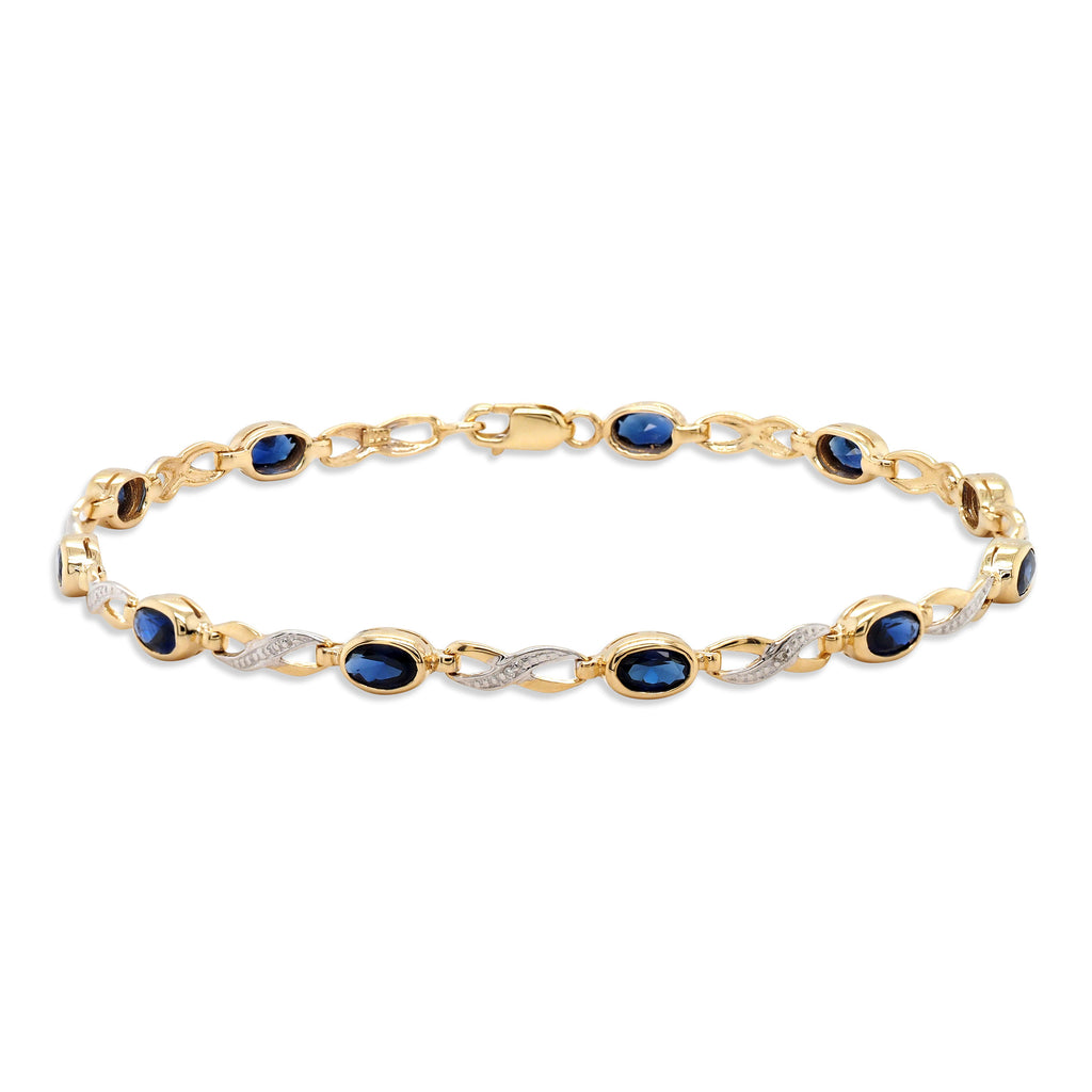 9ct Yellow Gold Oval Created Ceylon Sapphire & Diamond Brace