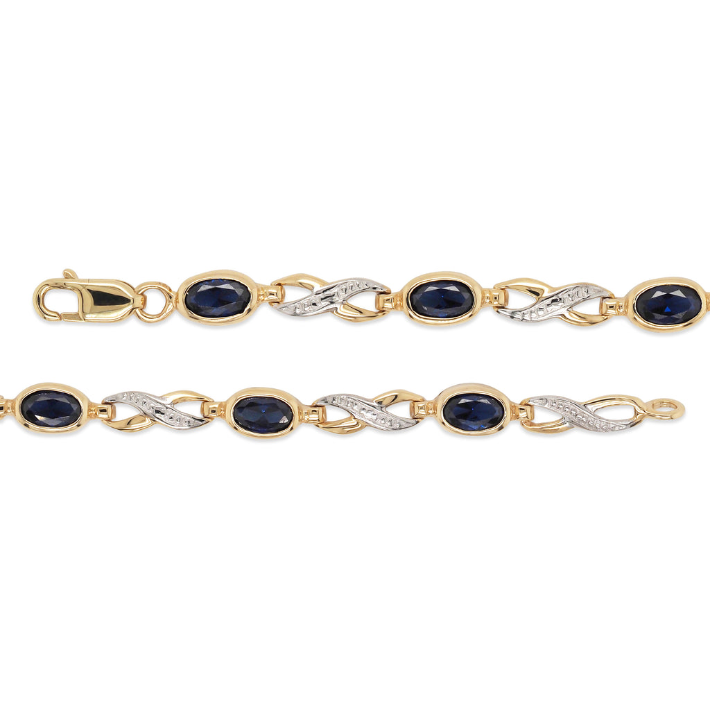 9ct Yellow Gold Oval Created Ceylon Sapphire & Diamond Brace