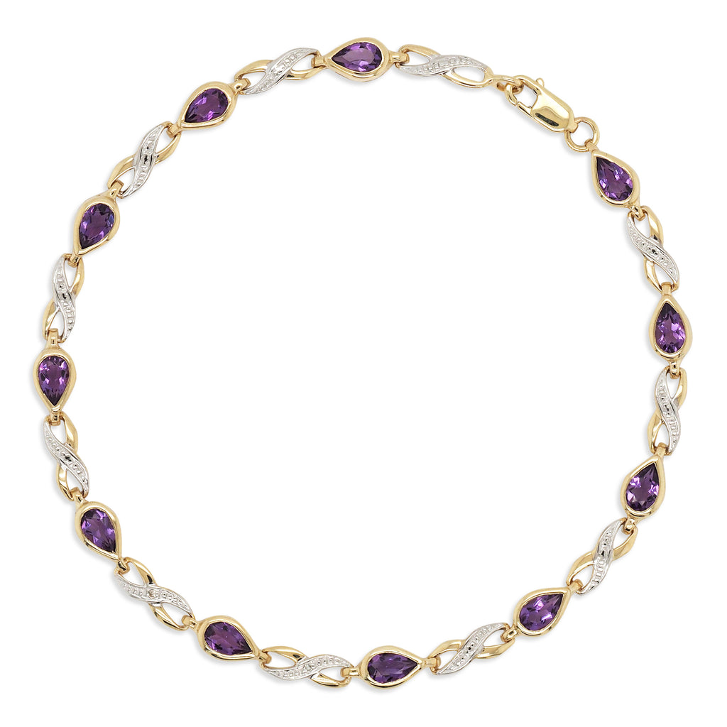 9ct Yellow Gold Pear Shaped Amethyst & Diamond Bracelet