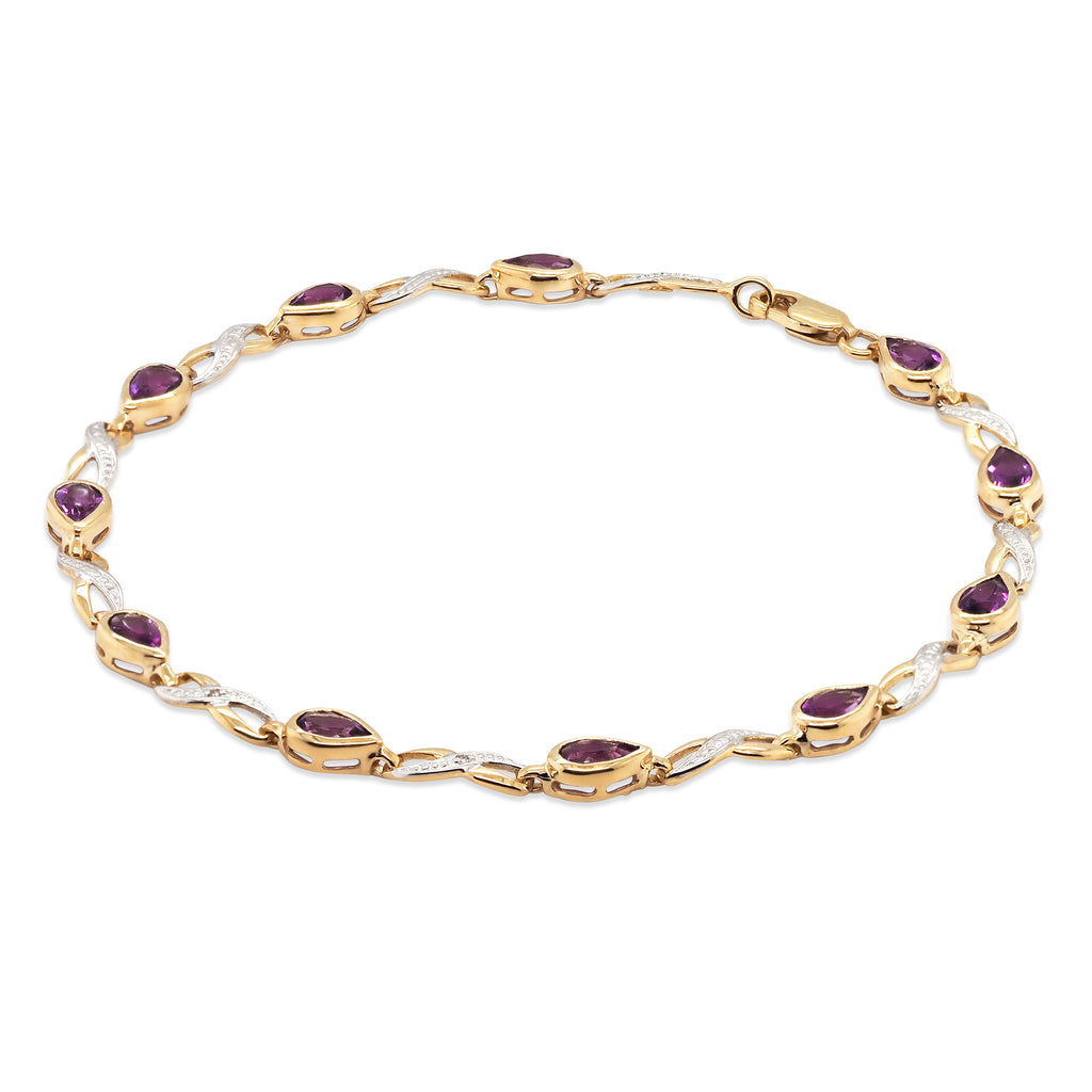 9ct Yellow Gold Pear Shaped Amethyst & Diamond Bracelet