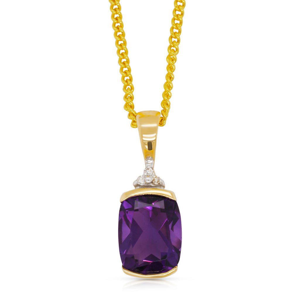 9ct Yellow Gold Cushion Cut Amethyst & Diamond Pendant