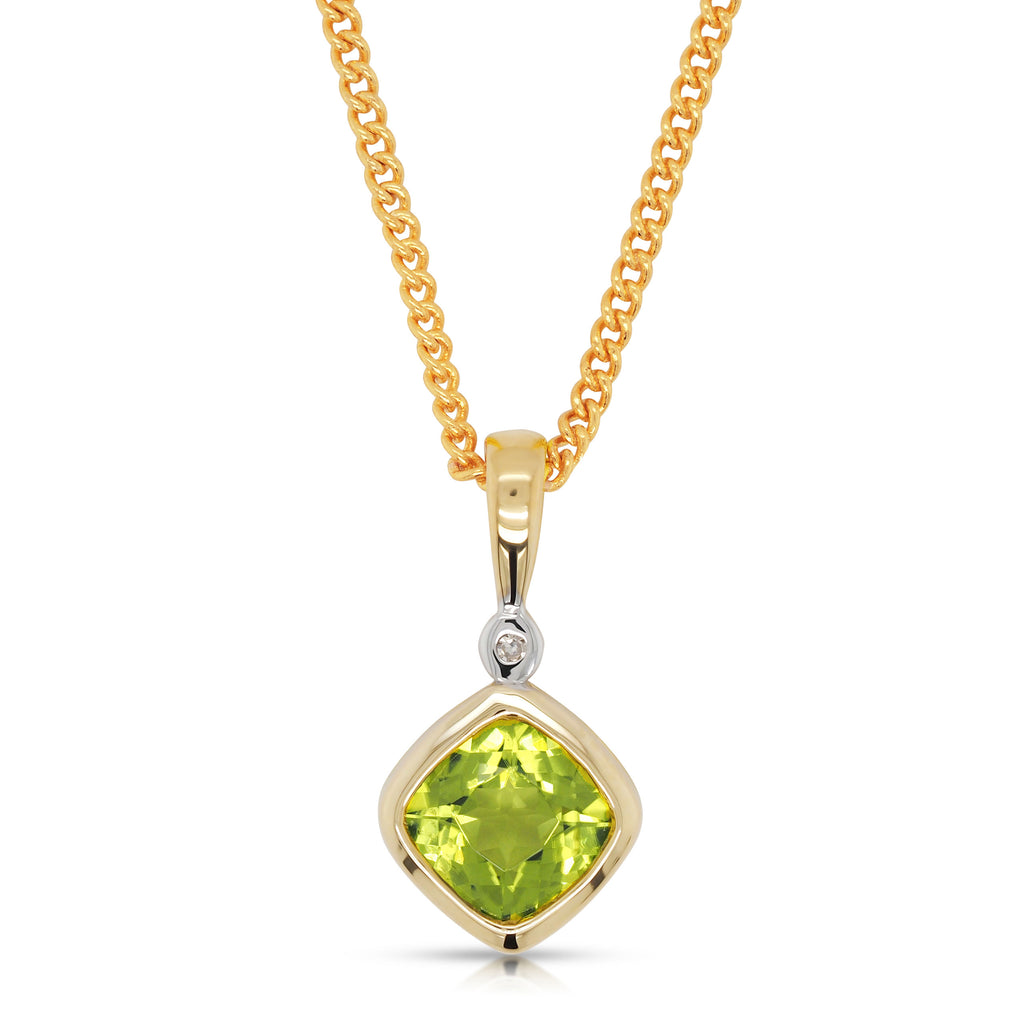 9ct Yellow Gold 6mm Cushion Cut Peridot & Diamond Pendant