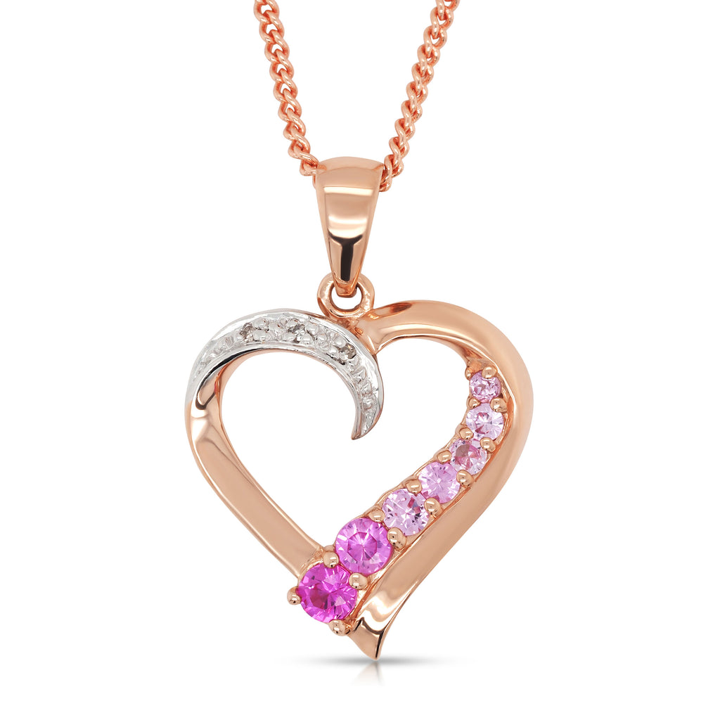 9ct Rose Gold Created Ruby, Pink Sapphires & Diamond Heart P