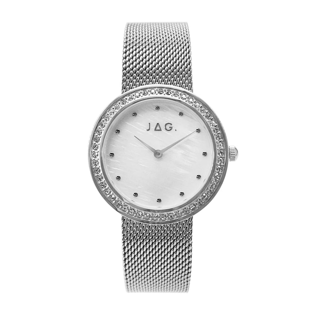 Jag Henley Mesh Silver-Tone Mother of Pearl Crystal Bezel Wa