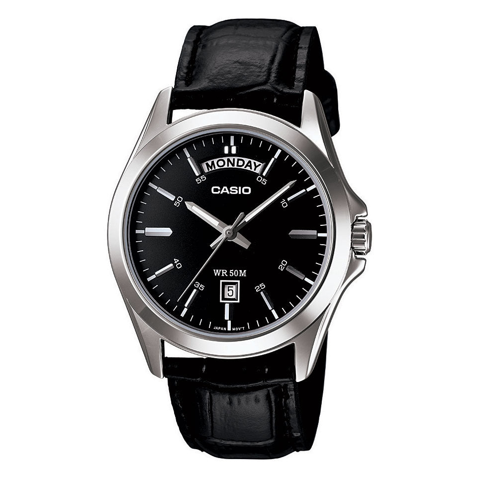 Casio Black & Silver Analogue Leather Band Watch MTP1370L-1A