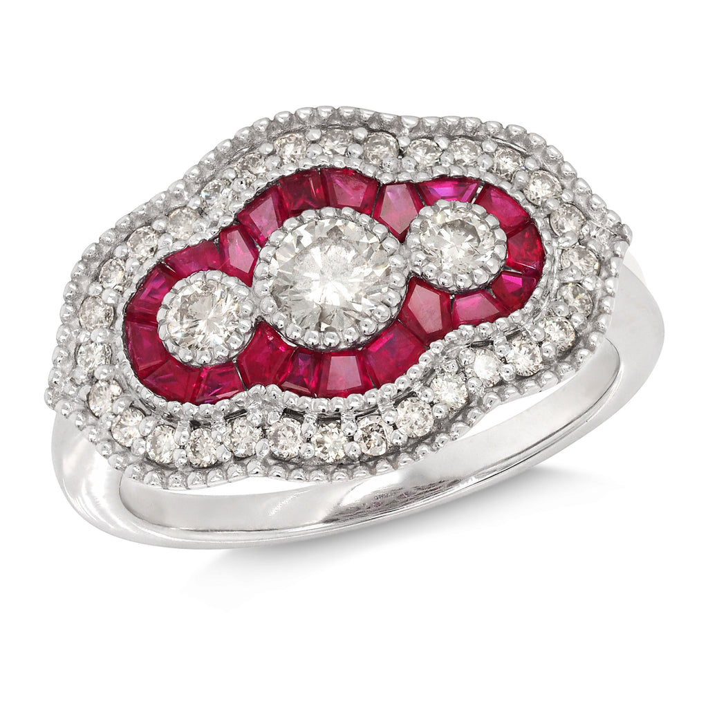 9ct White Gold Diamond & Ruby Trilogy Halo Ring TDW 0.70CT