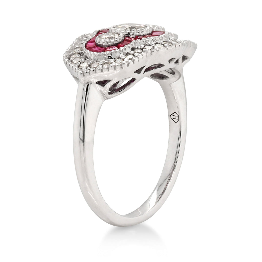 9ct White Gold Diamond & Ruby Trilogy Halo Ring TDW 0.70CT