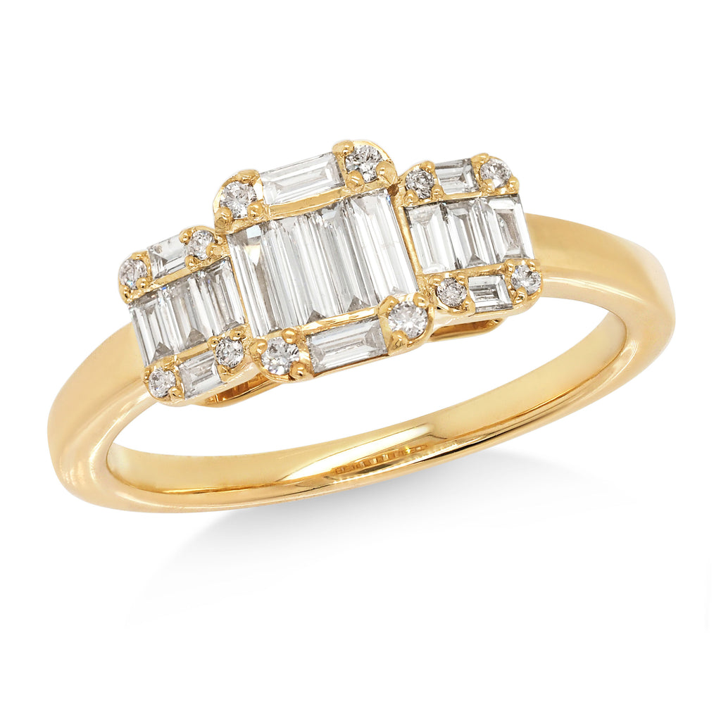 9ct Yellow Gold Baguette Diamond Cluster Trilogy Style Ring