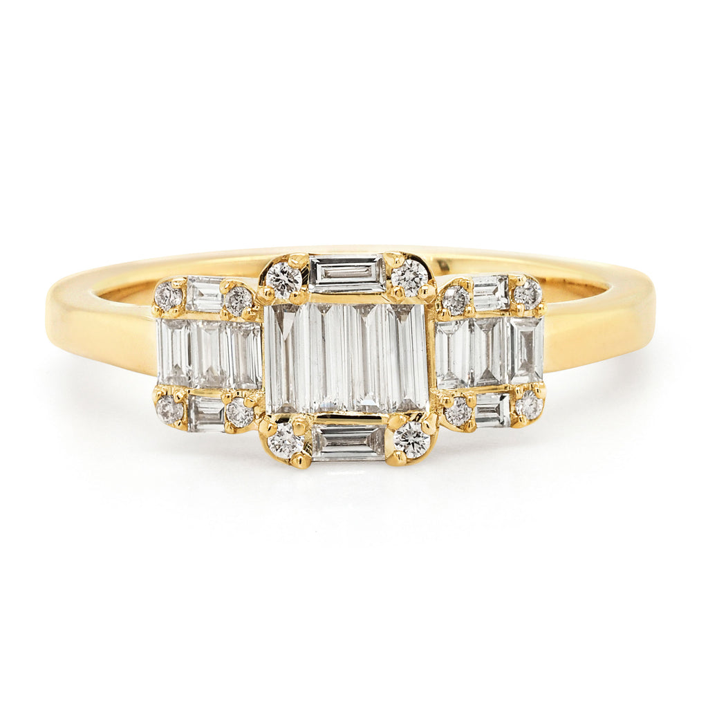 9ct Yellow Gold Baguette Diamond Cluster Trilogy Style Ring