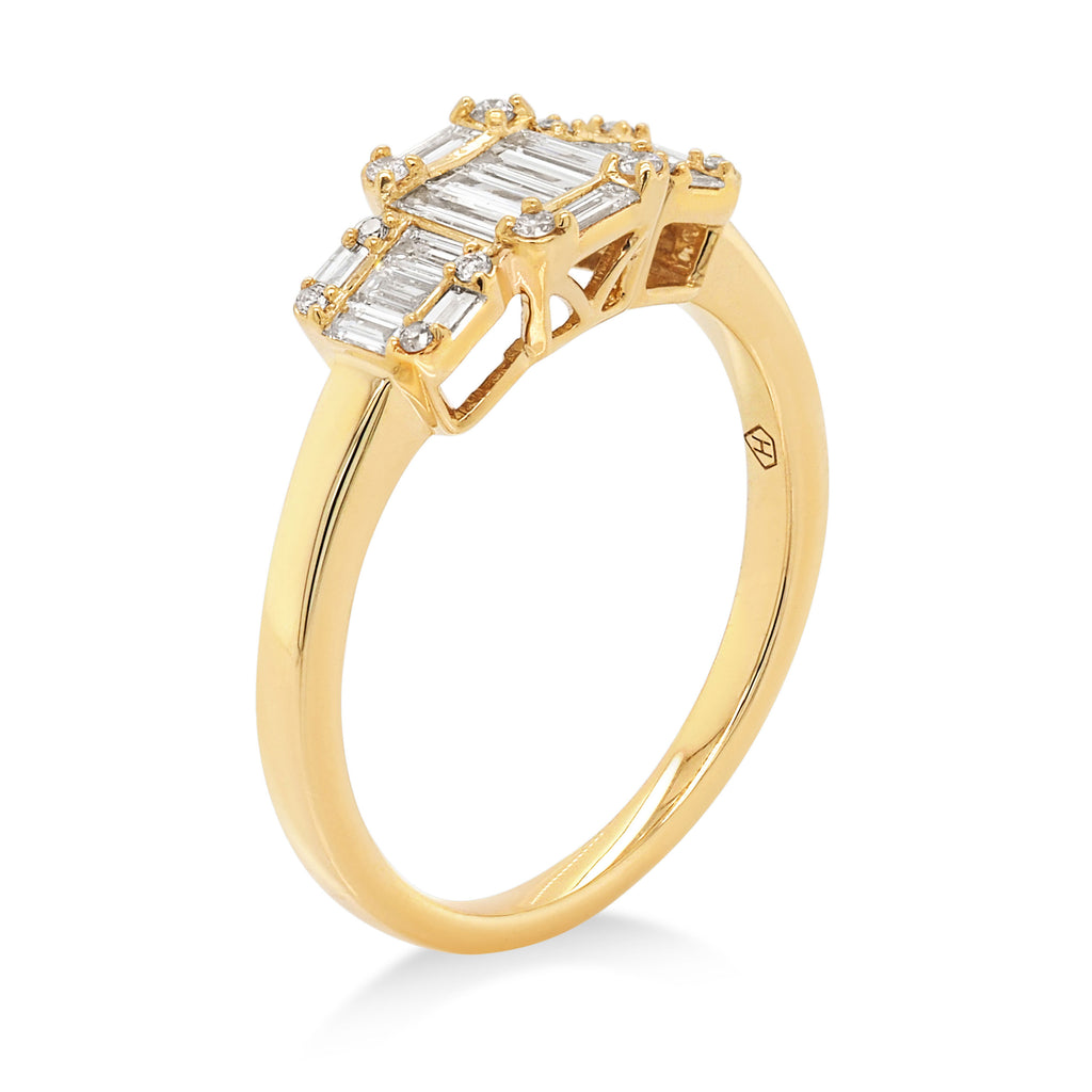 9ct Yellow Gold Baguette Diamond Cluster Trilogy Style Ring