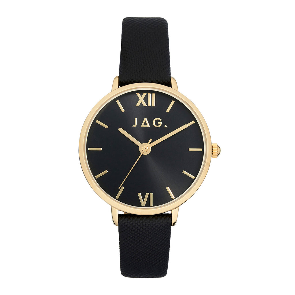 Jag Sophie Gold-Tone Black Leather Watch J2680