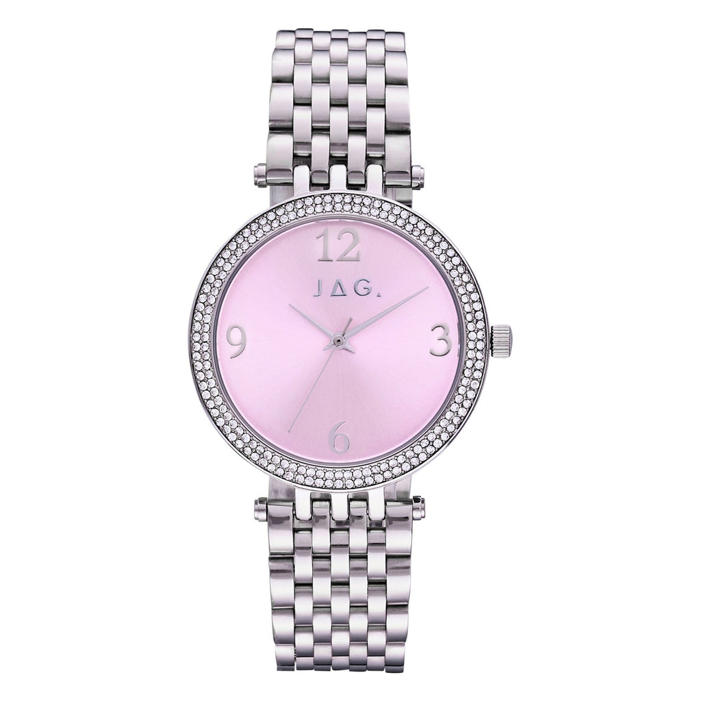 Jag 'Lalor' Pink Dial & Crystal Bezel Silver-Tone Watch J274