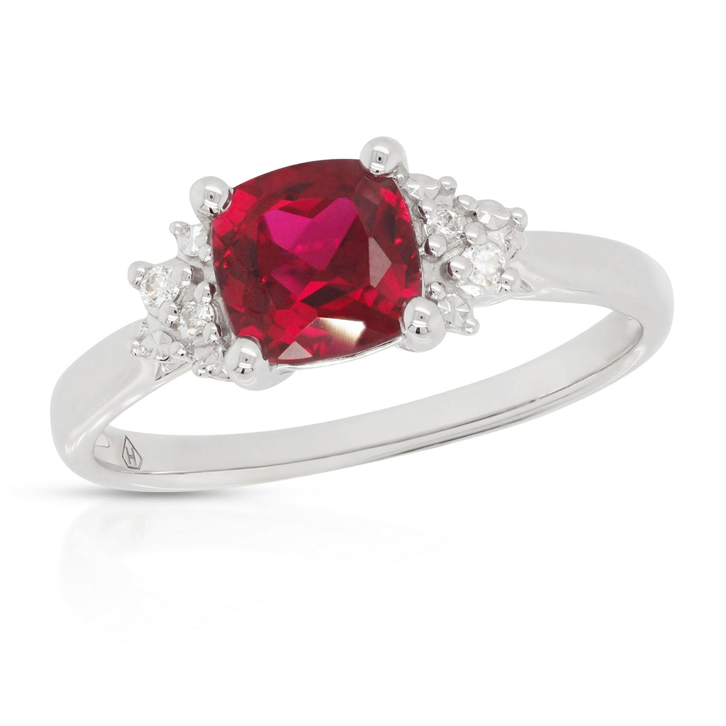 9ct White Gold Cushion Cut Created Ruby & Diamond Ring