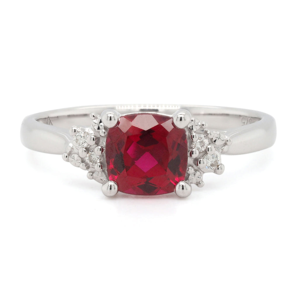 9ct White Gold Cushion Cut Created Ruby & Diamond Ring