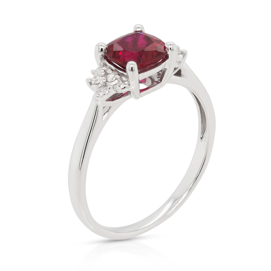 9ct White Gold Cushion Cut Created Ruby & Diamond Ring