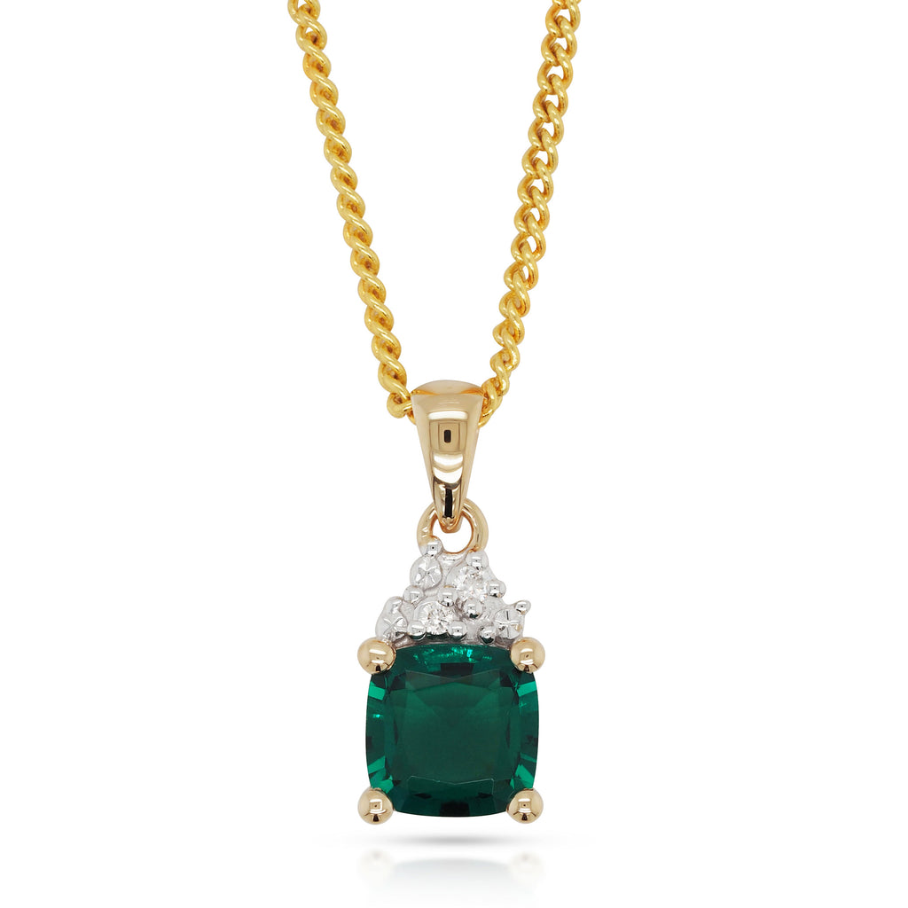 9ct Yellow Gold Cushion Cut Created Emerald & Diamond Pendan