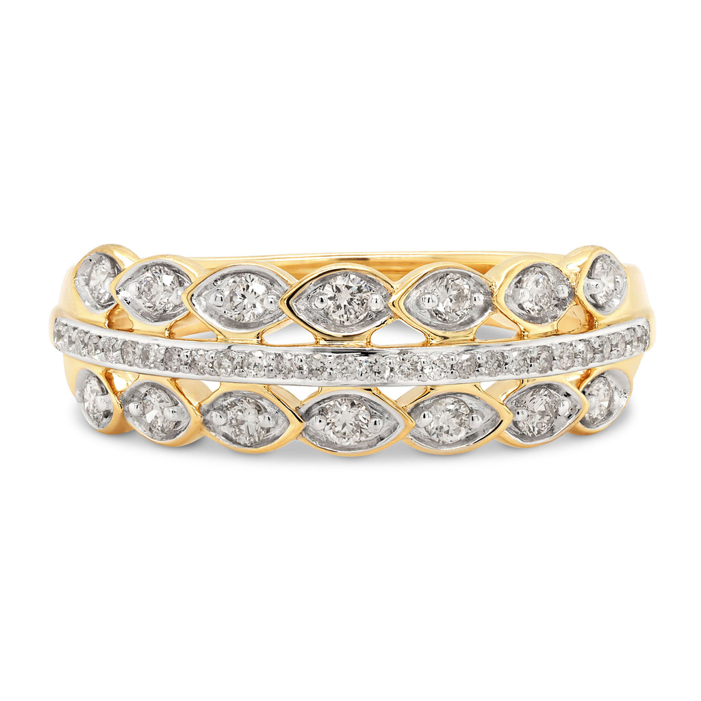 9ct Yellow Gold Triple Row Diamond Ring TDW: 0.32CT