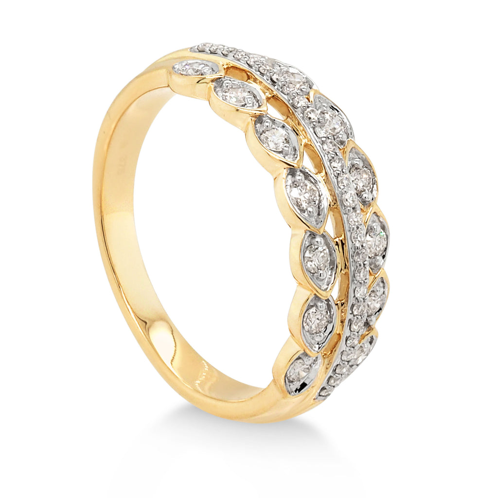 9ct Yellow Gold Triple Row Diamond Ring TDW: 0.32CT