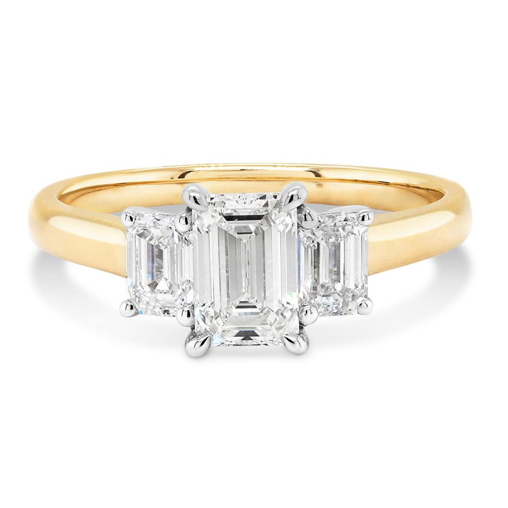 9ct Yellow Gold Lab Grown Emerald Cut Diamond Trilogy Ring T