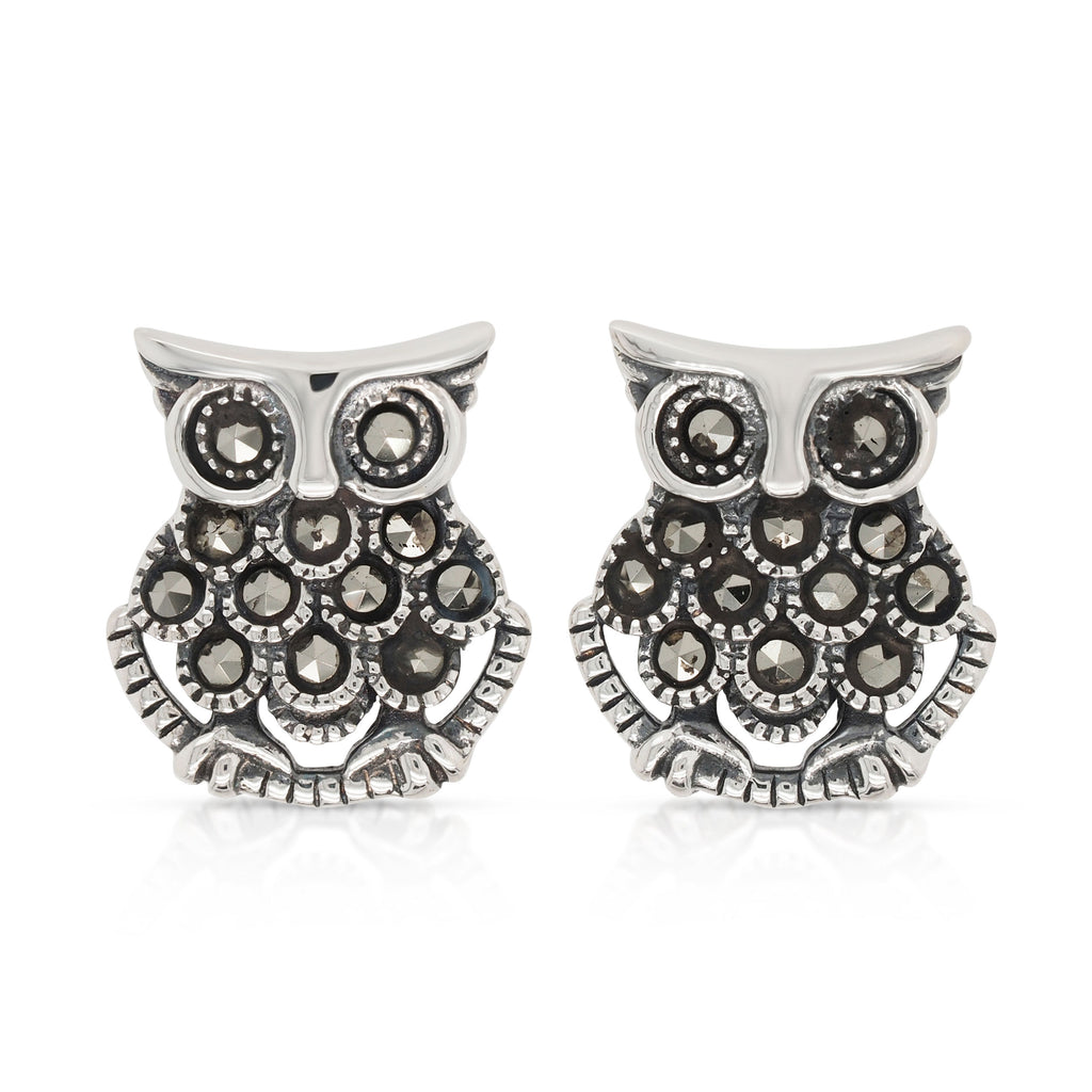 Sterling Silver Marcasite Owl Stud Earrings