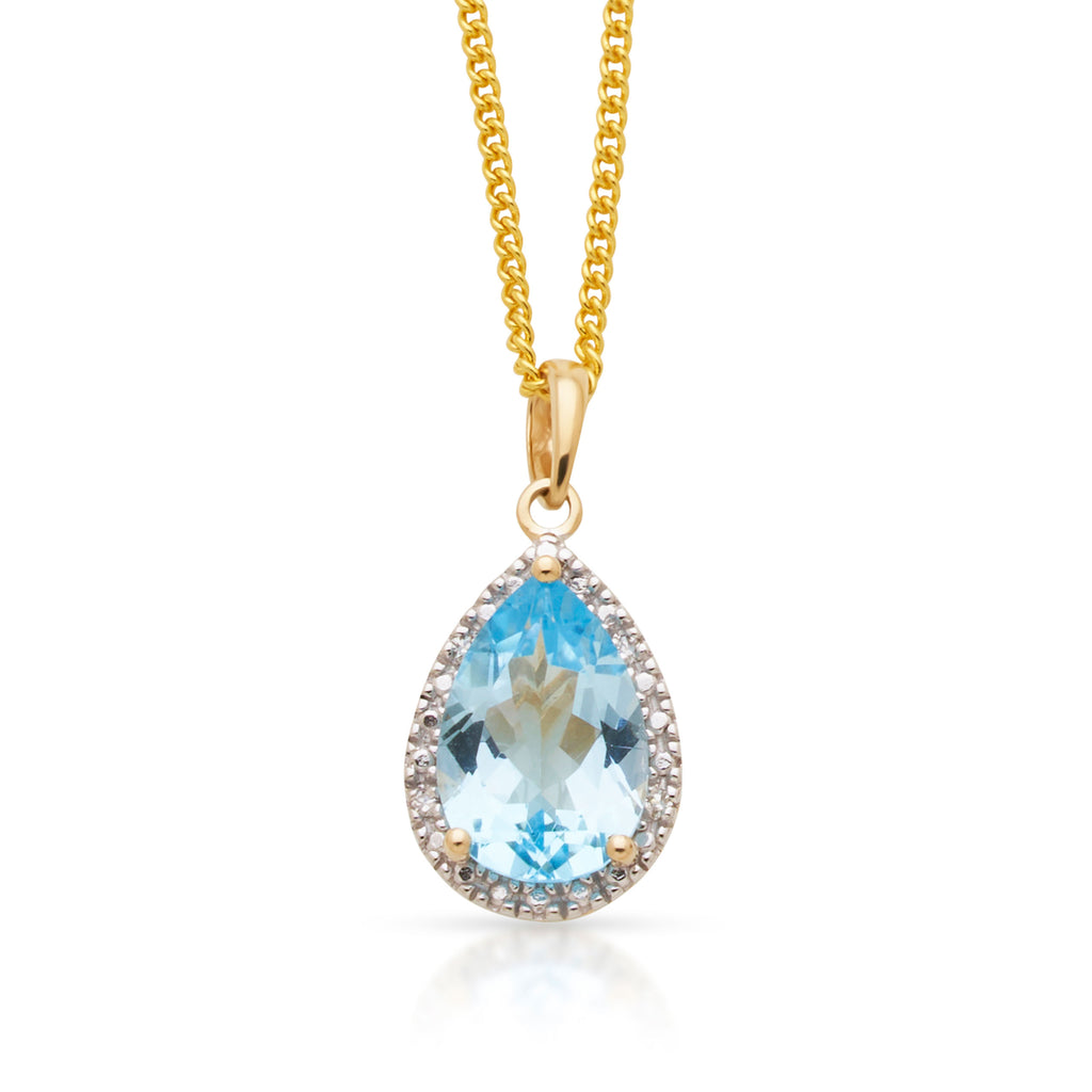 9ct Yellow Gold Sky Blue Pear Topaz & Diamond Halo Pendant