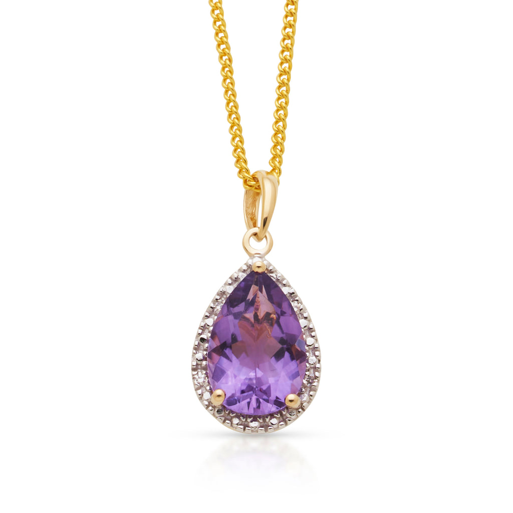 9ct Yellow Gold Pear Amethyst & Diamond Halo Pendant