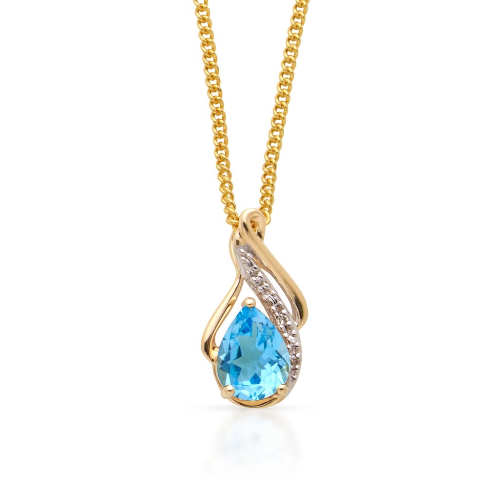 9ct Yellow Gold Swiss Blue Pear Topaz & Diamond Curved Penda