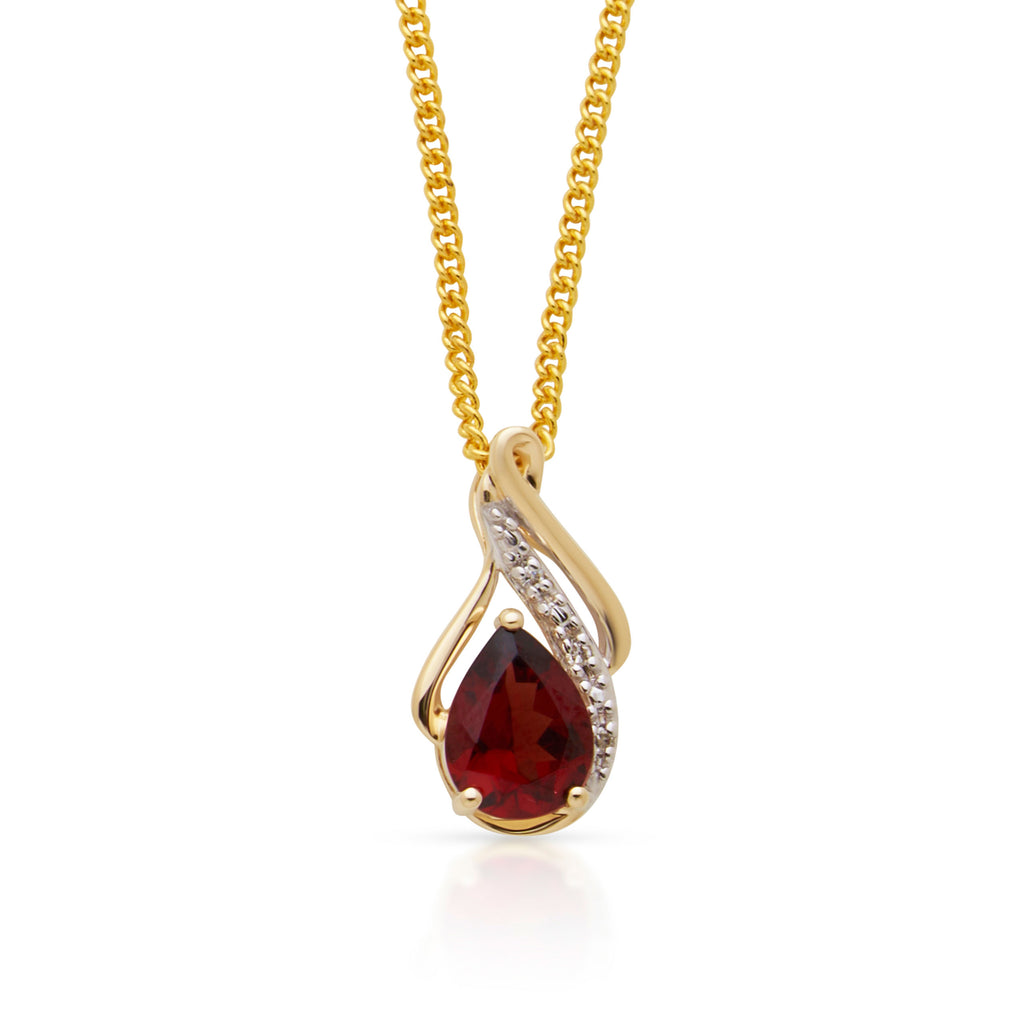 9ct Yellow Gold Pear Garnet & Diamond Curved Pendant