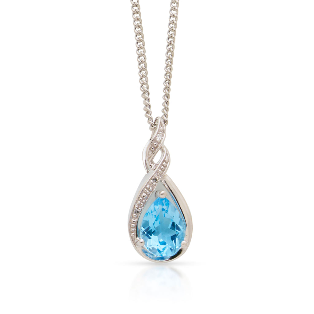 9ct White Gold Swiss Blue Pear Topaz & Diamond Curved Pendan