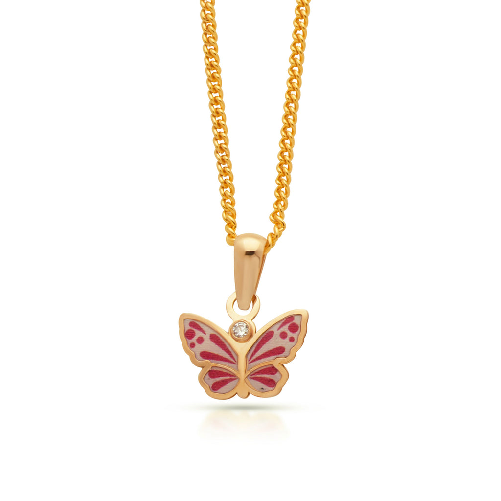 9ct Yellow Gold Cubic Zirconia Pink Enamel Butterfly Pendant