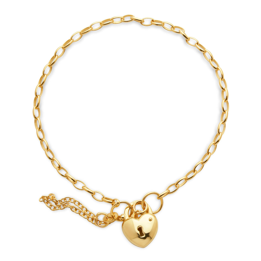 9ct Yellow Gold Oval Belcher Puff Heart Padlock Bracelet