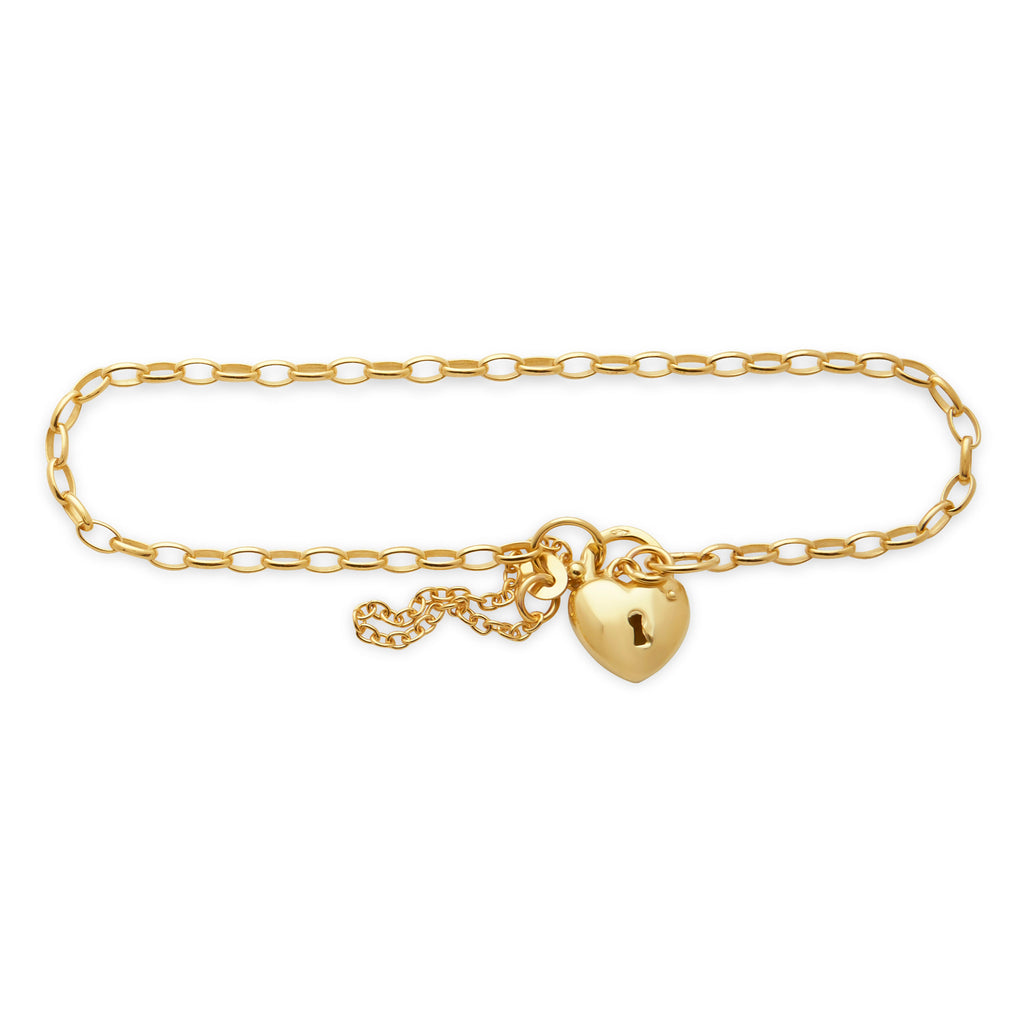 9ct Yellow Gold Oval Belcher Puff Heart Padlock Bracelet