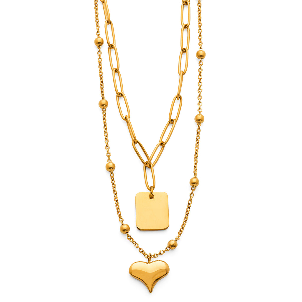 Gold Tone Stainless Steel Double Chain Puff Heart Necklet