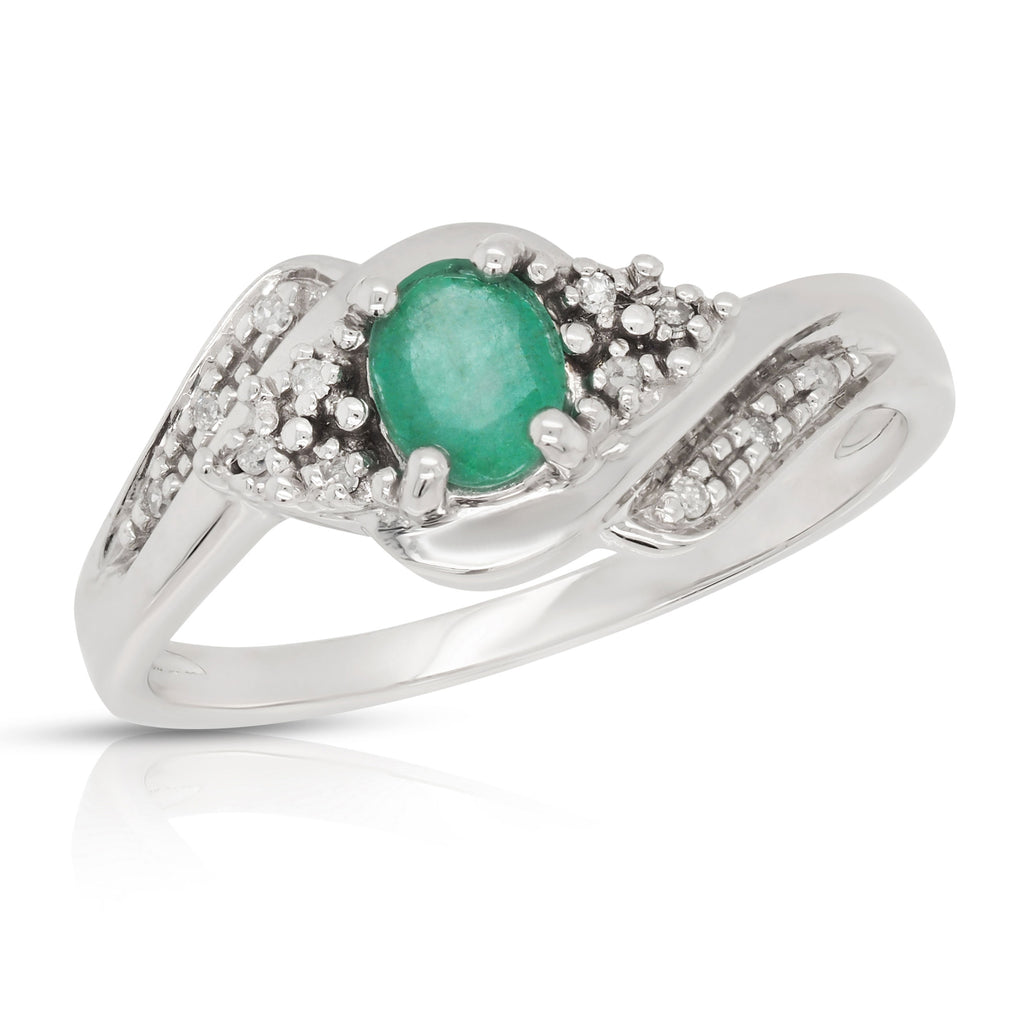 9ct White Gold Oval Emerald & Grain Set Diamond Offset Ring